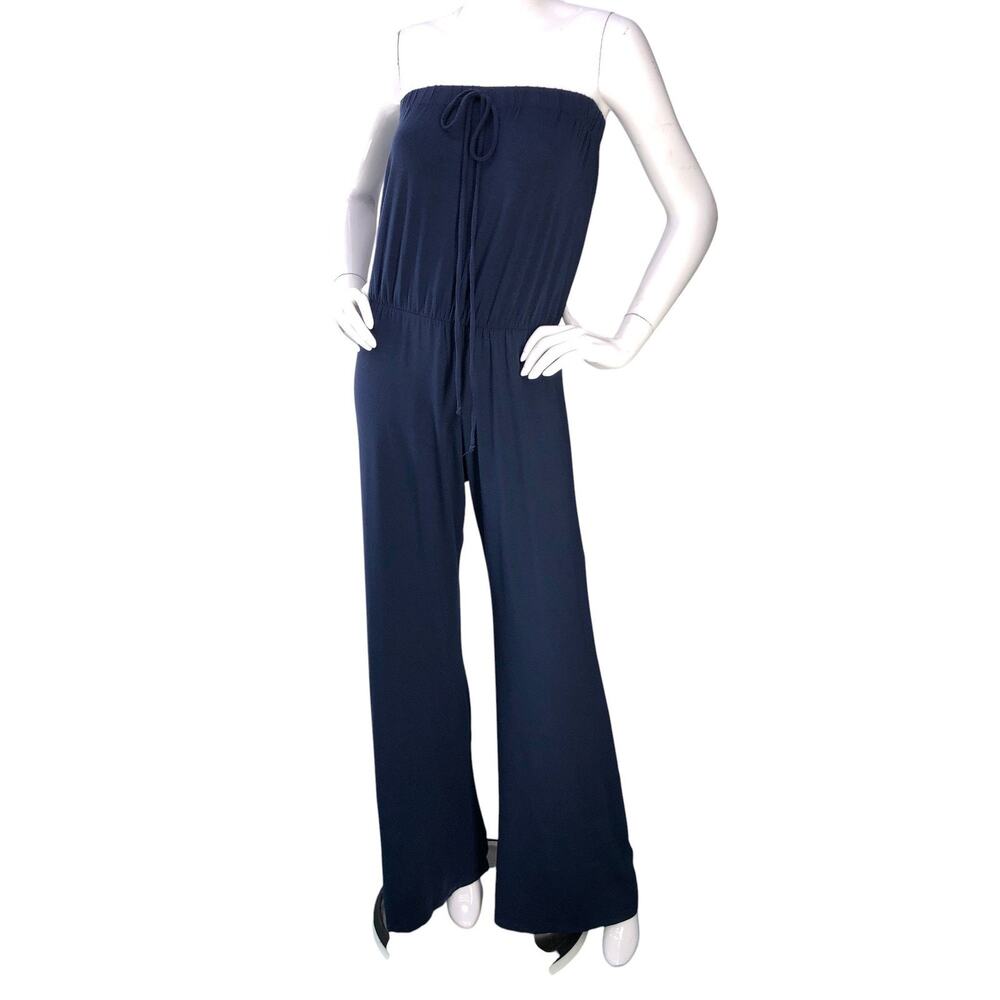Tricia Fix Jumpsuit Womens S Strapless Wide Leg Drawstring Navy Casual Chic